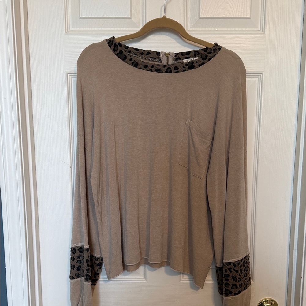 POL Beige Long Sleeve Top with Leopard Accents